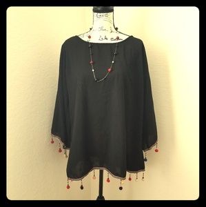 Black PomPom Blouse with X Back Out